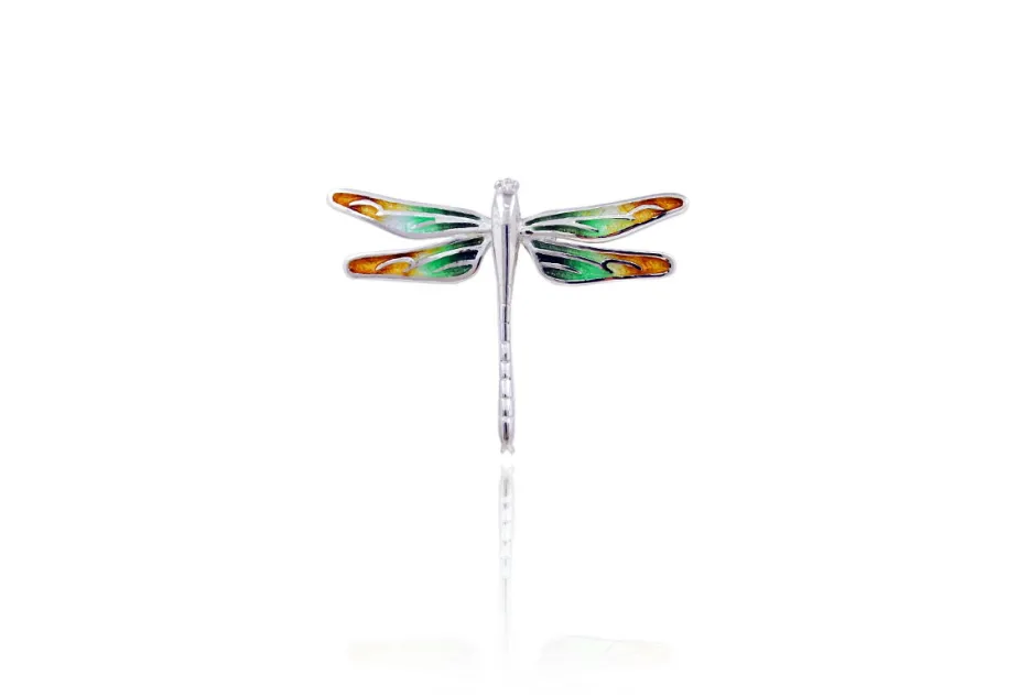 Dragonfly green-red-yellow enamel pendant