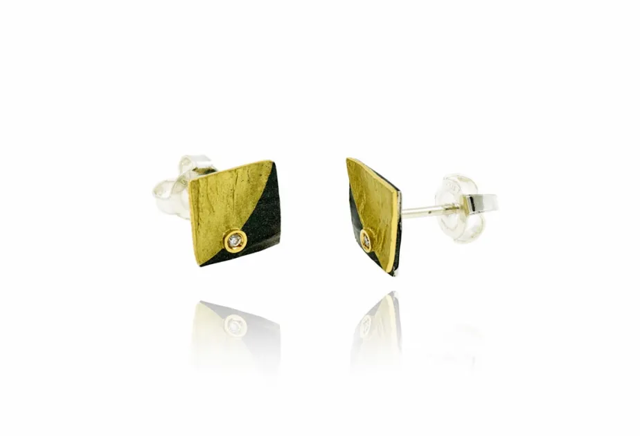 Kleine Ohrringe Doble Fulla, Diamanten, Silber und Gold