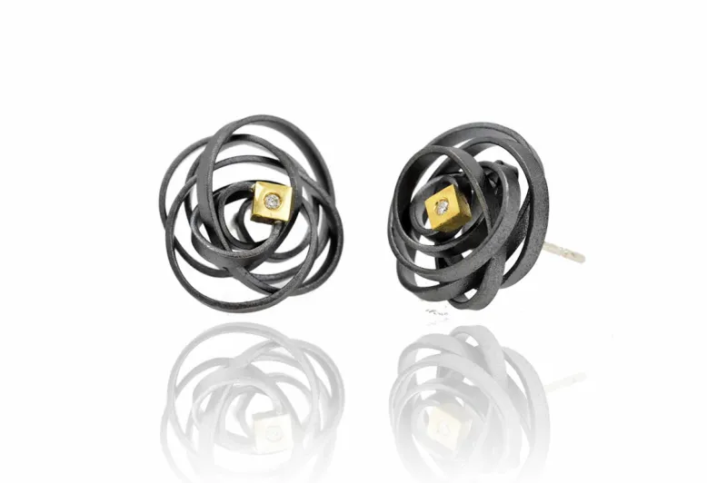 Garbuix Earrings, Diamond with Square Setting, Silver and Gold