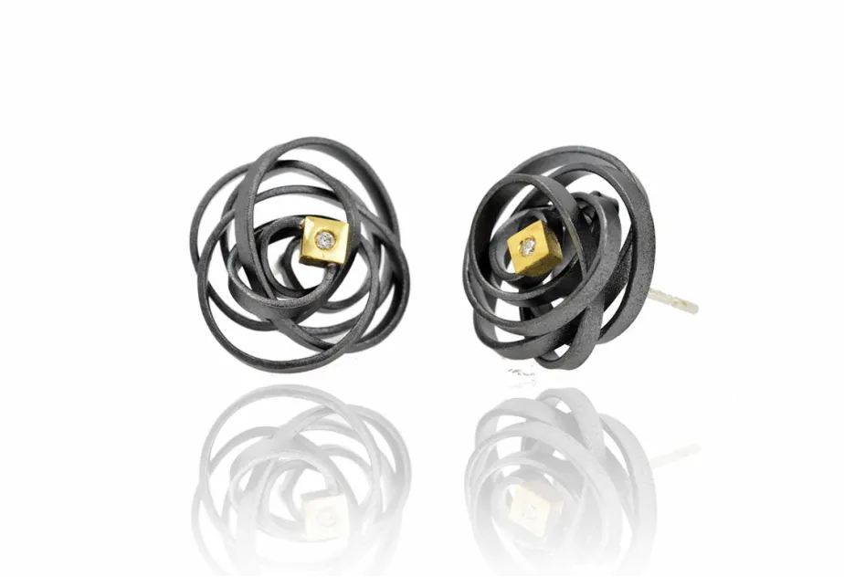 Garbuix Earrings, Diamond with Square Setting, Silver and Gold