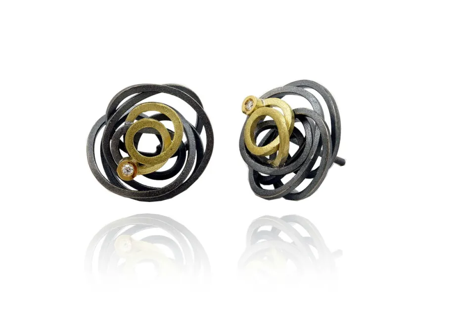 Pendientes CAOS, hilo de plata y oro y 1 diamante