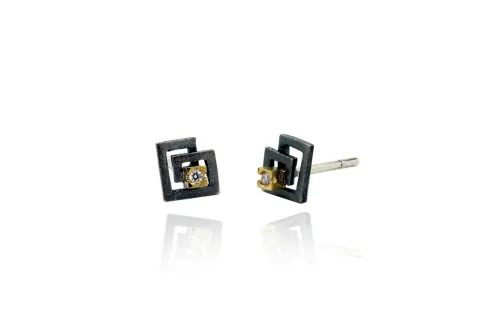 Quadratische Ohrringe Zoom, mit Diamanten, Silber und Gold