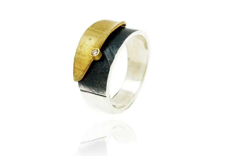 Anillo Doble Fulla, plata y oro con diamante