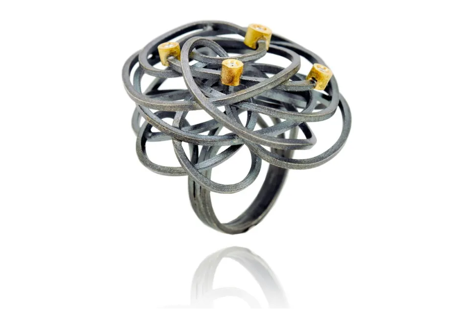 Ring Caos, Silber und Gold und 4 Diamanten