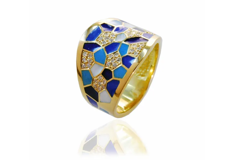 Anell trencadis blaus rombos brillants