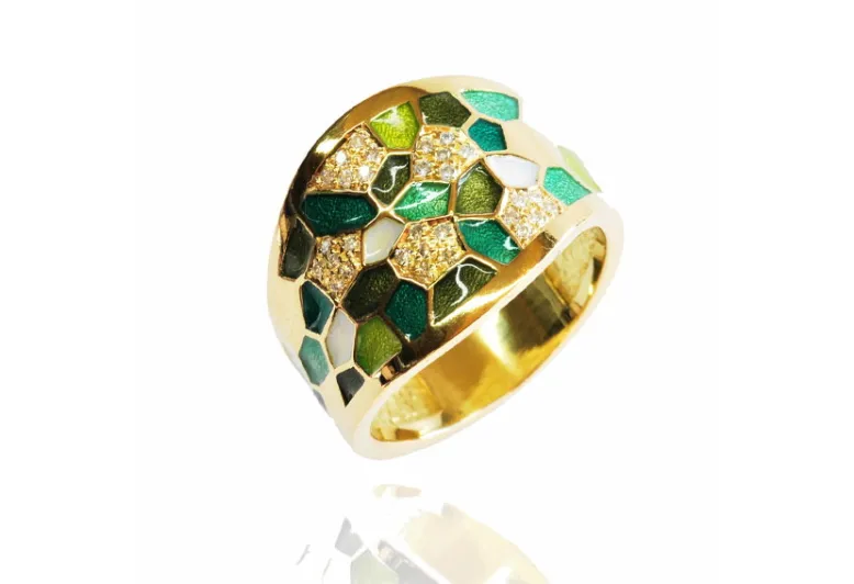 Green Enamel Rhombus 'Trencadis' Mosaic Ring, Gold with Small Diamonds