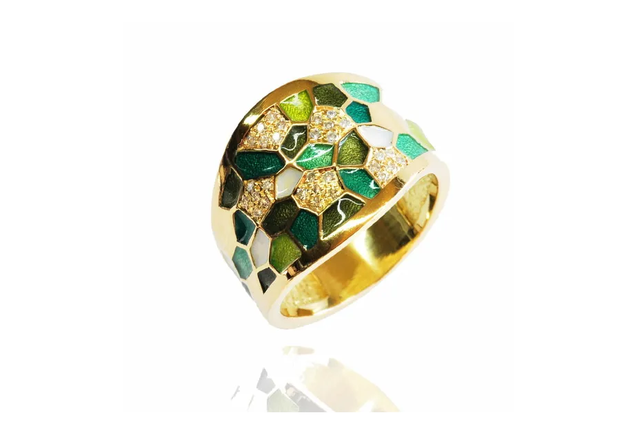 Green Enamel Rhombus 'Trencadis' Mosaic Ring, Gold with Small Diamonds