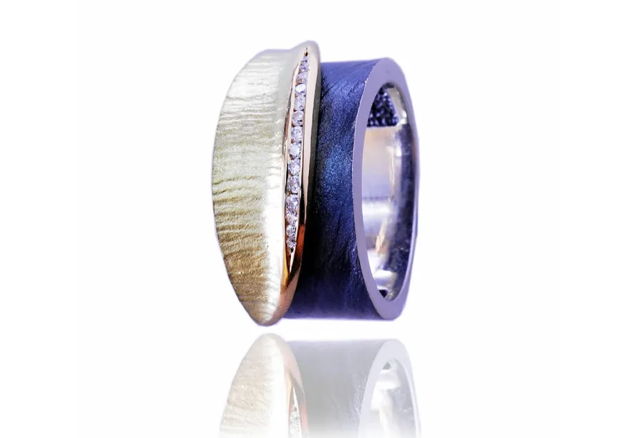 Anillo Doble Fulla, plata y oro con diamantes