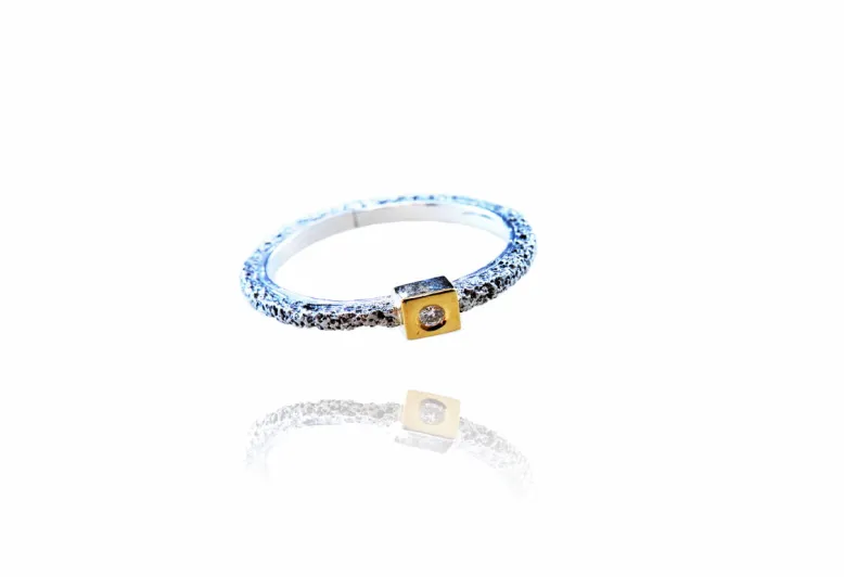 Textured Kora Ring, Small Square Diamond Setting