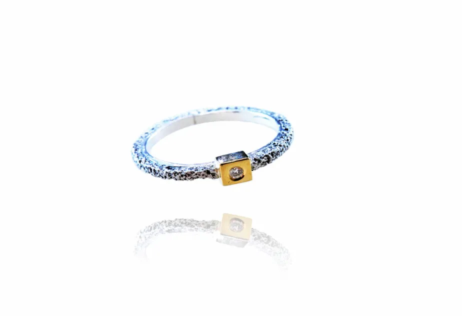 Textured Kora Ring, Small Square Diamond Setting
