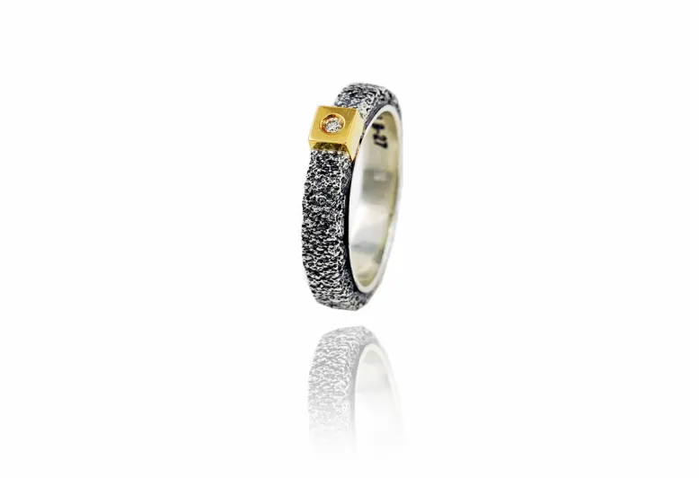 Textured Kora Ring, Half-Round, Diamond in Square Setting