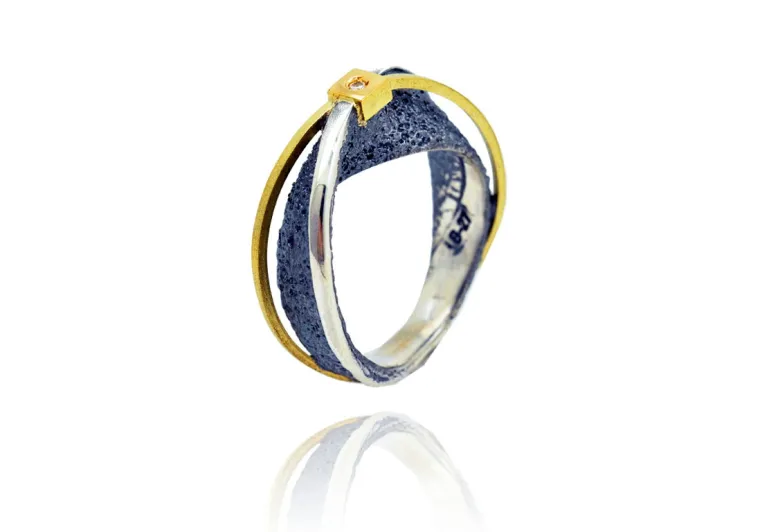 Moebius Ring, Textured, Gold Strand and Diamond in Square Gold Setting