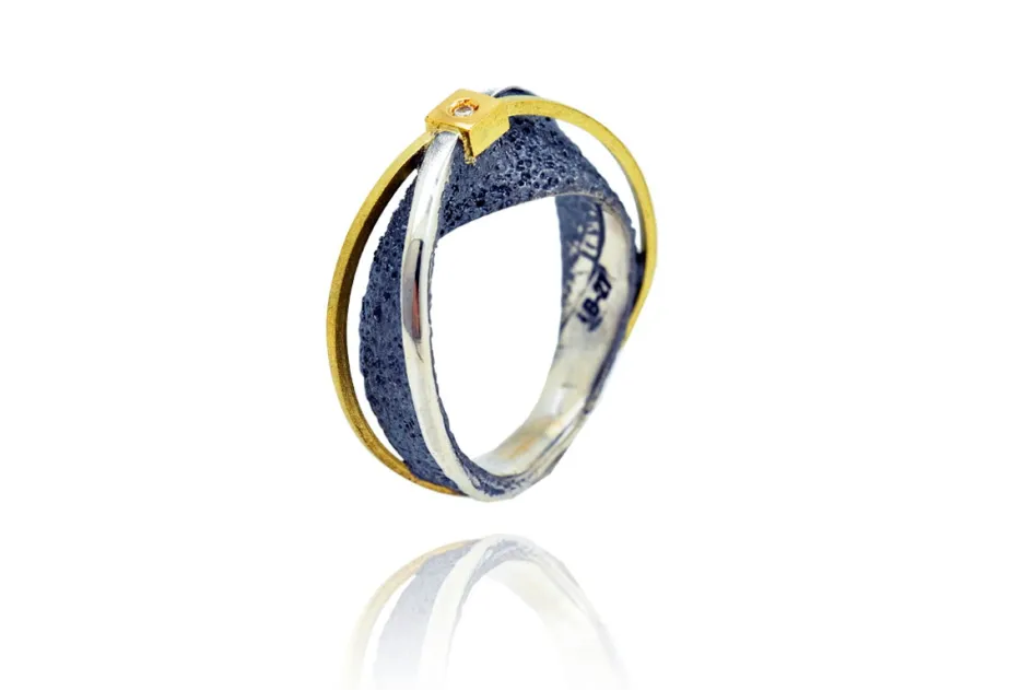Moebius Ring, Textured, Gold Strand and Diamond in Square Gold Setting