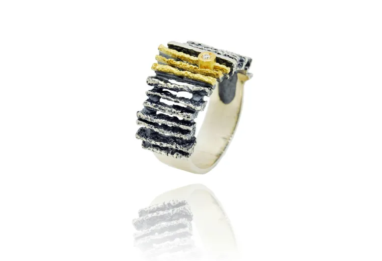 Anillo Junc mediano, plata y oro con diamante