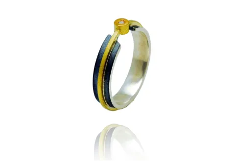 Phi Ring, Oxidized Silver and Gold with Diamond