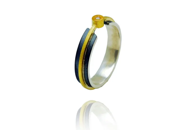 Phi Ring, Oxidized Silver and Gold with Diamond