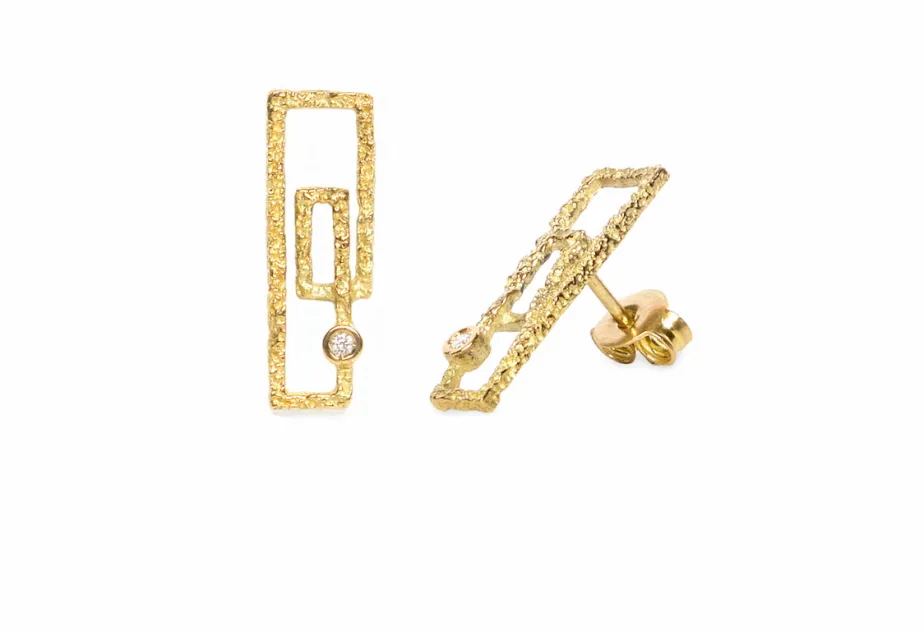 Textured Rectangular Zoom Earrings, Gold with Diamond