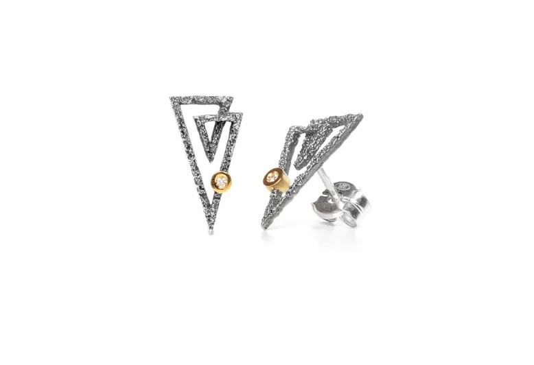 Textured Triangular Zoom Earrings, Silver and Gold with Diamond