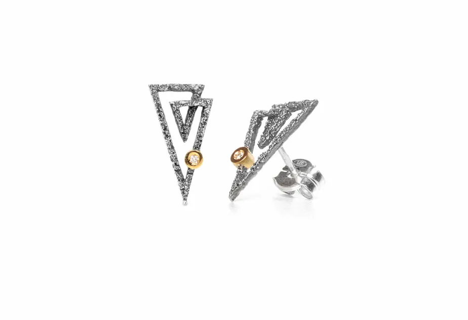 Textured Triangular Zoom Earrings, Silver and Gold with Diamond