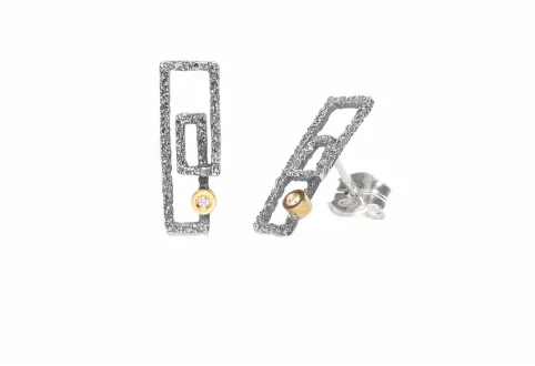 Textured Rectangular Zoom Earrings, Silver and Gold with Diamond