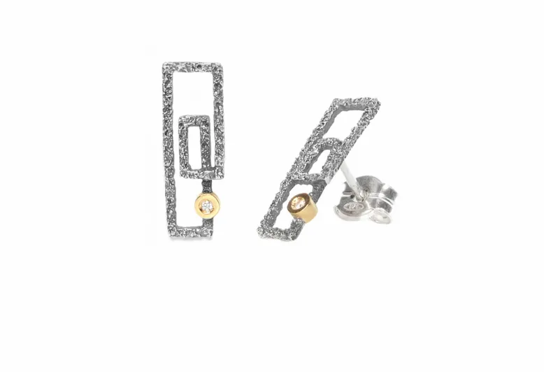Textured Rectangular Zoom Earrings, Silver and Gold with Diamond