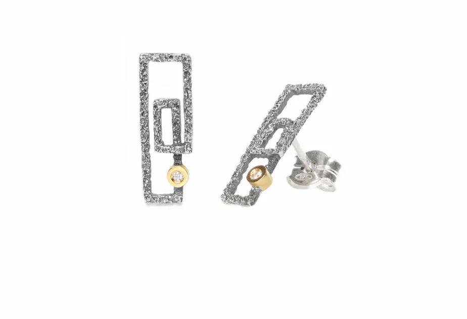 Textured Rectangular Zoom Earrings, Silver and Gold with Diamond