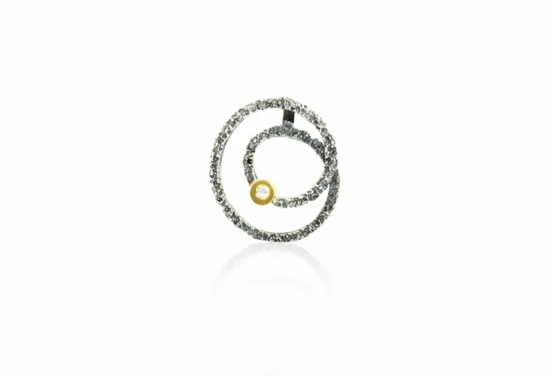 Colgante redondo texturizado Zoom, plata y oro con diamante