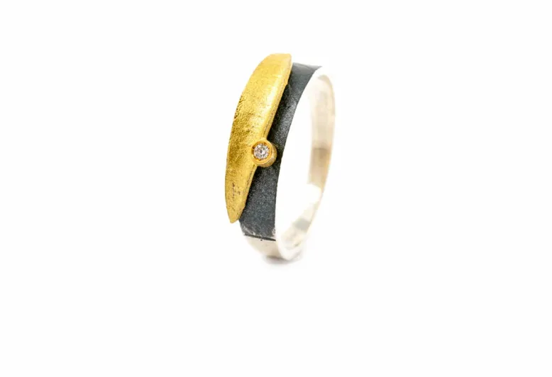Mini Ring Doble Fulla, Silber und Gold mit Diamant