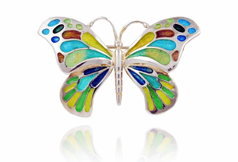 Große bunte violett-blau-grüne Schmetterlingsbrosche Design 2010
